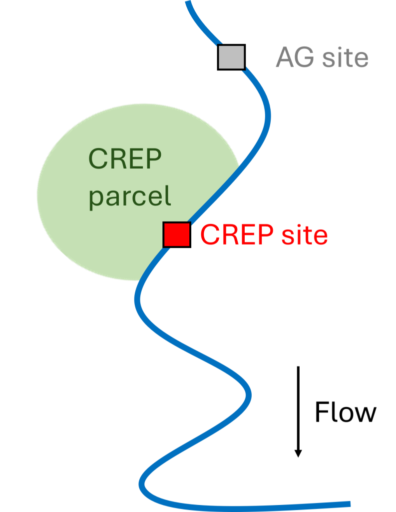 Schematic showing CREP stream site adjacent to CREP parcel, and an ag site upstream.