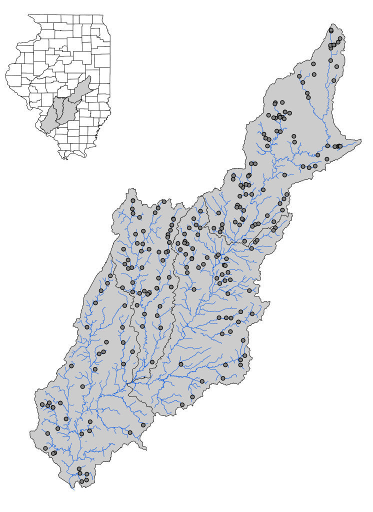 A map of stream sites sample during Phases I-III in the Kaskaskia River Basin. 